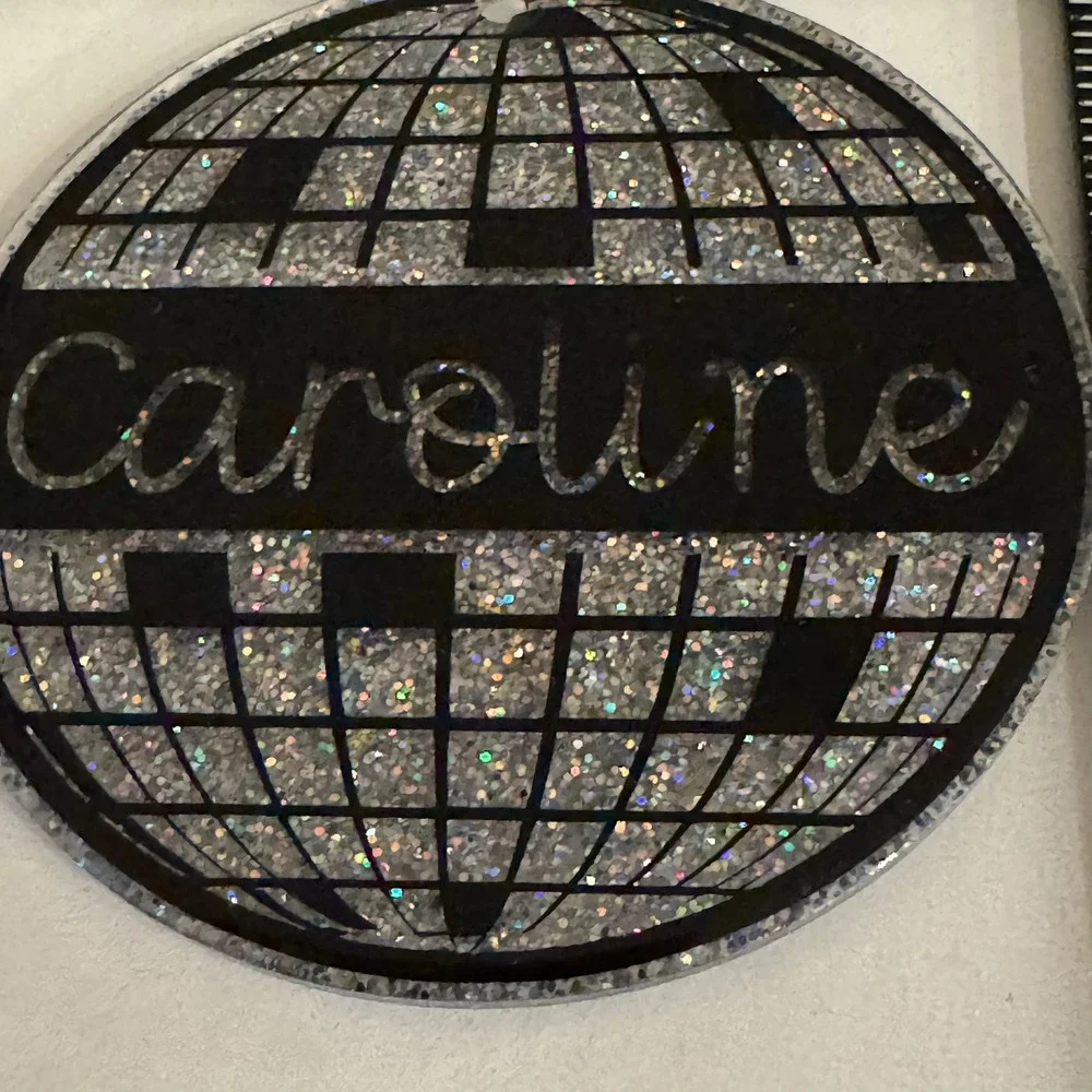 Personalized Caroline Silver Glitter Disco Ball Ornament Keychain Bag Charm‎